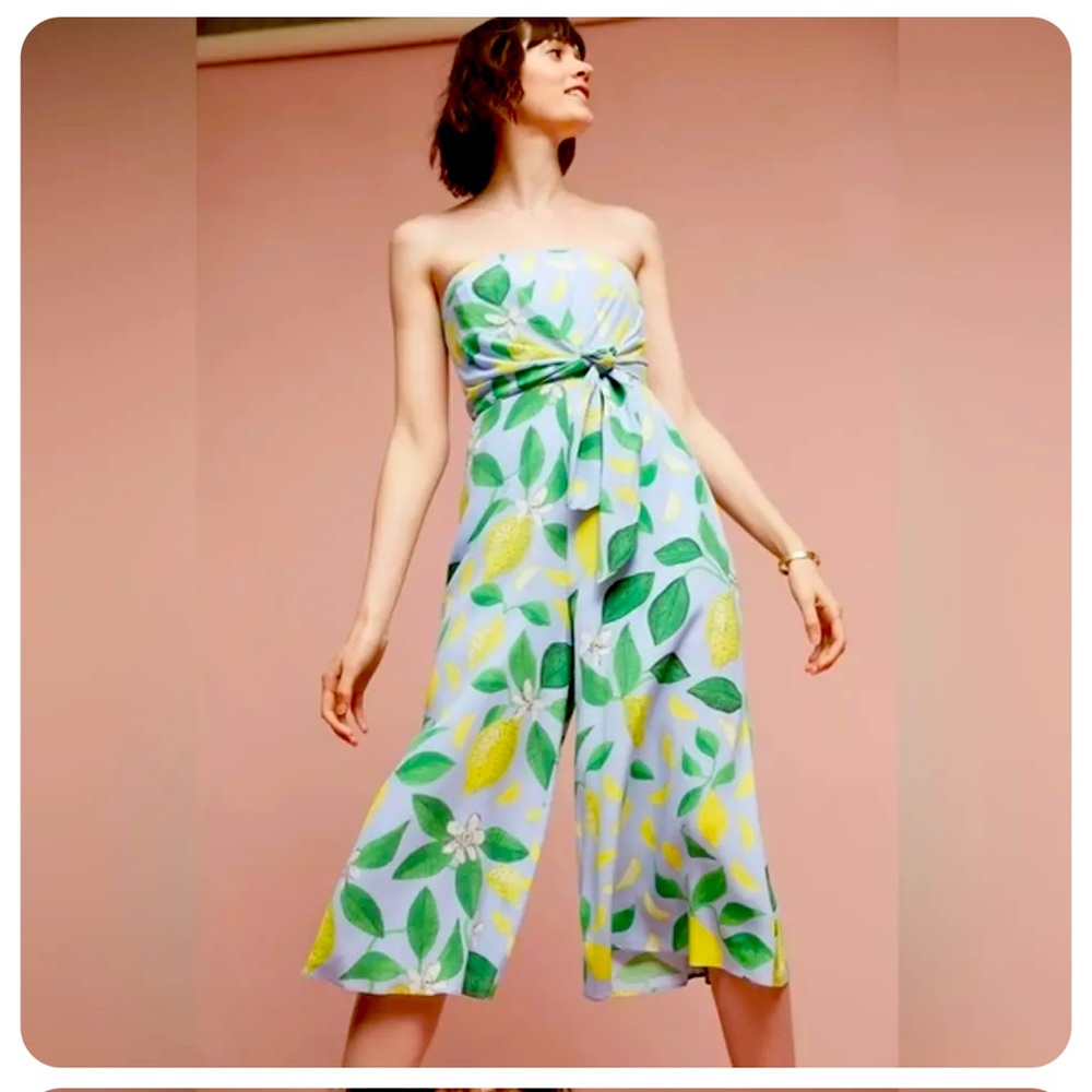 MAEVE lemon grove print strapless wide-leg cropped #anthropologie jumpsuit 10